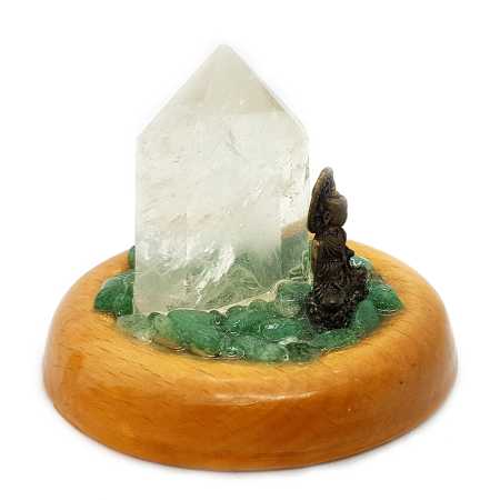 Buddha mit Bergkristall, Aventurin in Holzgefäß